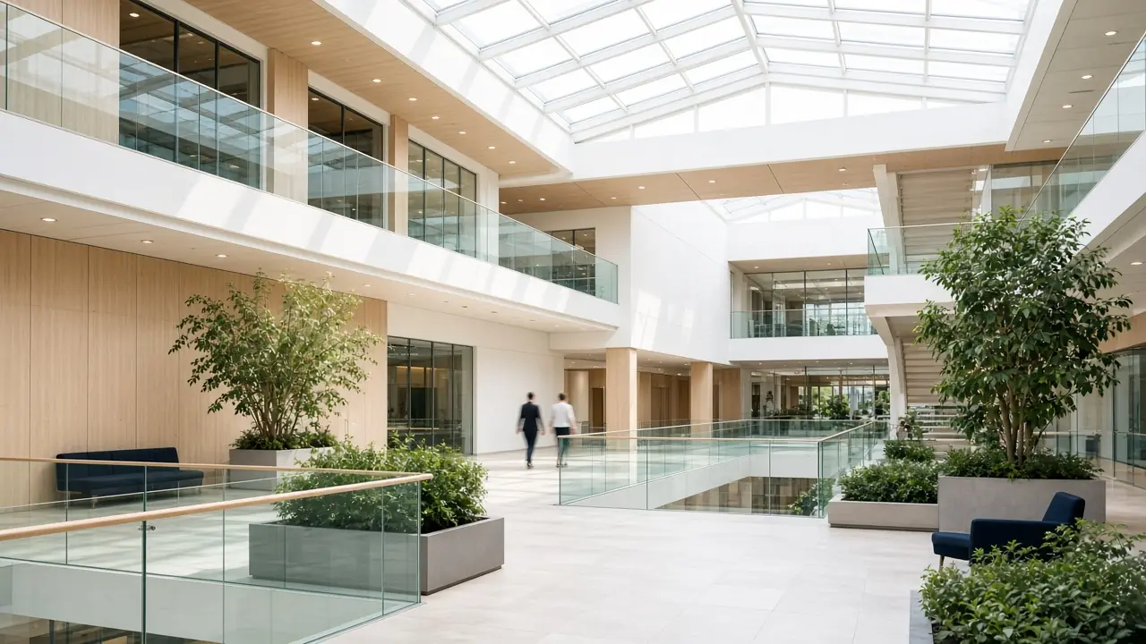 A bright atrium inside a modern office building